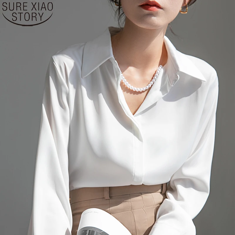

Fashion Elegant V-neck White Shirt 2023 New Women Long Sleeve Satin Tops Office Lday Spring Autumn Blouse Clothes Blusas 22765