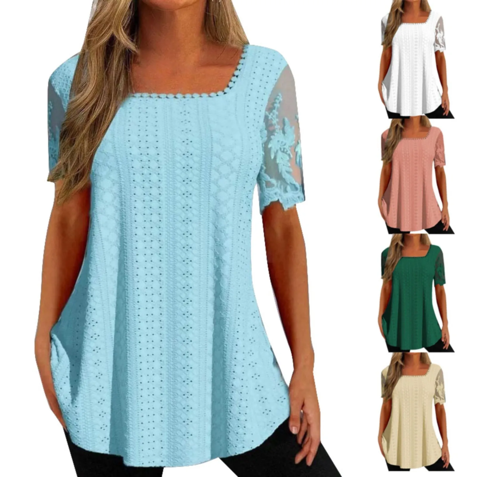 

Женская футболка с кружевным рукавом, модный однотонный топ с квадратным вырезом и дырками, удобная рубашка на лето