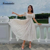 romantic white satin evening dress printed square collar tea length for gradution short sleeves saudi arabia prom gowns 2022