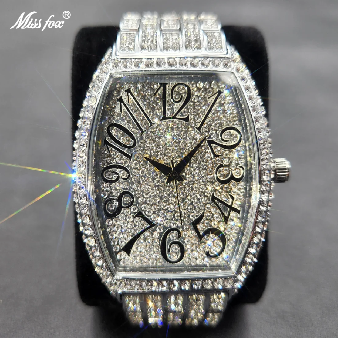 

MISSFOX Ice Out Mens Watches Popular Tonneau Full Diamond Silver Geneva Male Watch Hip Hop Original Waterproof relogio masculino