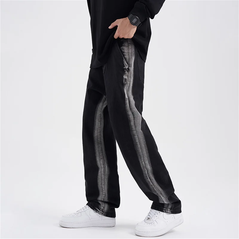 Streetwear Men New Pattern Vintage Recreational Black Thickening Jeans Loose Broad Straight Cylinder Leg Trousers Autumn Female