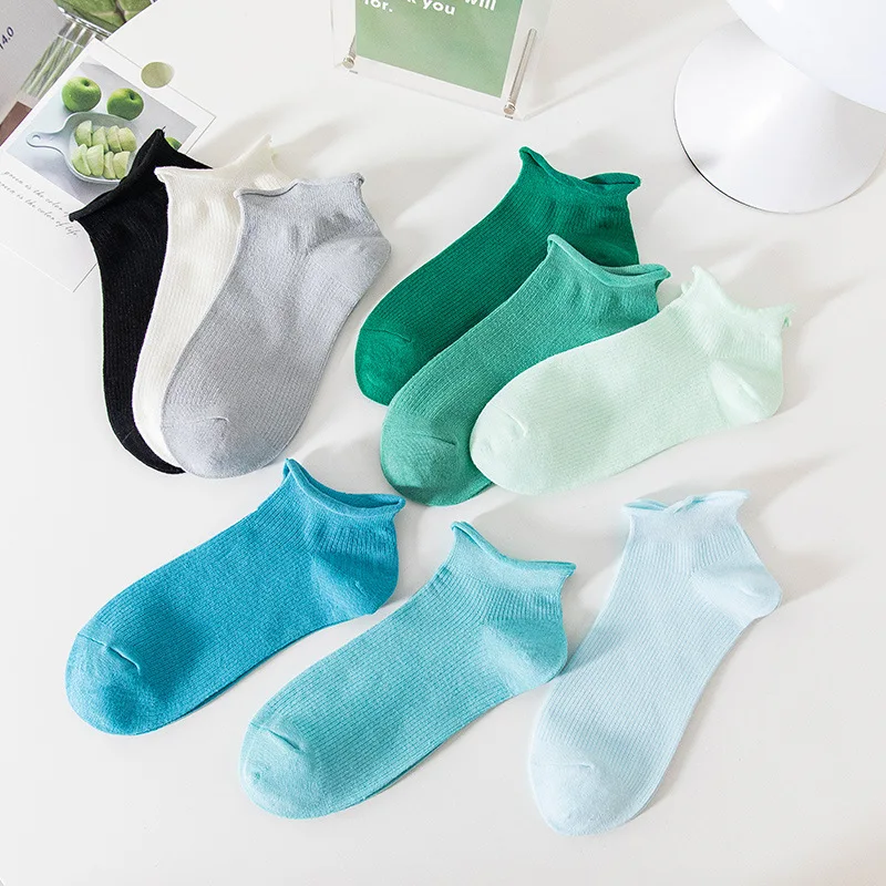

Roll side socks spring and summer cotton socks thin low help versatile Japanese literary pure color tube loose hose for women