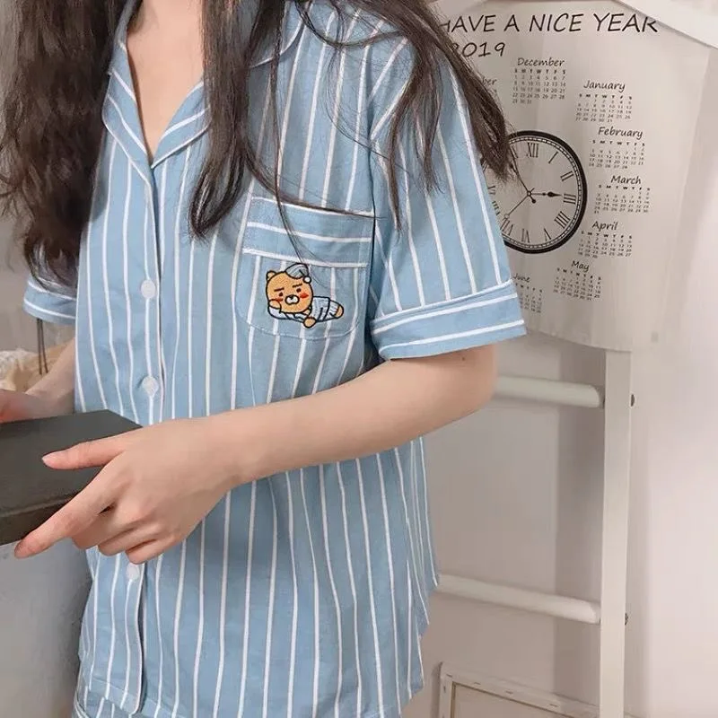 Pijama Summer Nightwear Female Short Sleeve ins cartoon cute bear pocket print Student Korean cardigan home suit