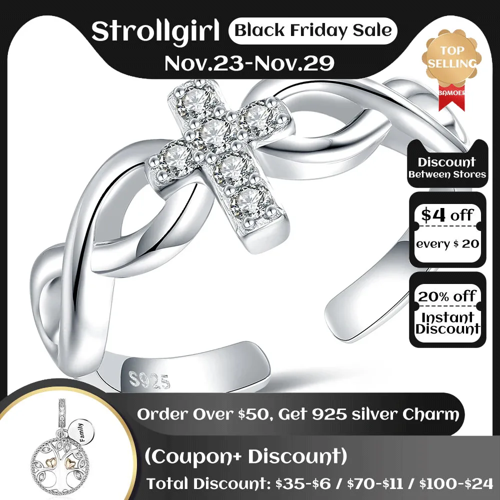 

925 Sterling Silver Adjustable Double Infinity Cross Ring Open Christian Blessed Jesus Cross Ring for Women Girls Jewelry Gifts