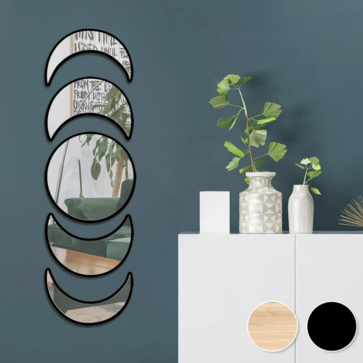 

NEW 5Pcs Moon Mirror Wooden Acrylic Moon Mirror Moon Cycle Variation Decorative Wall Mirror Moon Cycle Change Decorative Wall