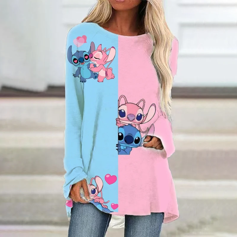 

Spring Autumn Women's Long Sleeve Loose Dress Casual Round Neck Disney Stitch Print Dress Fashion Graphic T-Shirt