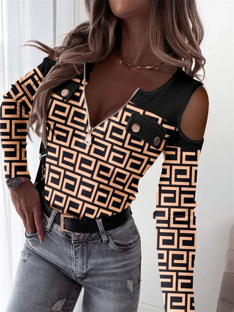 

Модный женский топ 2022 Y2k одежда с геометрическим принтом на молнии спереди с открытыми плечами ребристый Топ Мои Заказы повседневная одежда...