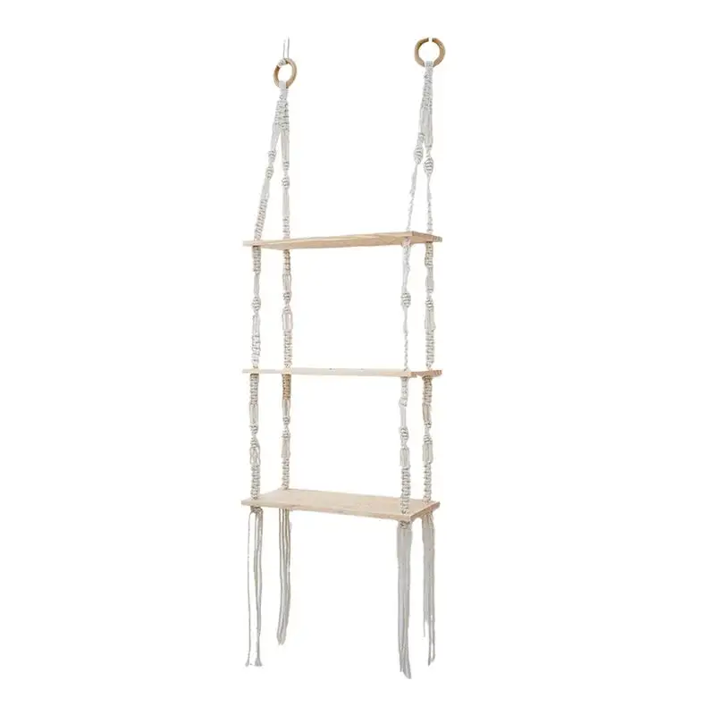 

Настенная полка для гобелена, подвесная полка из хлопка ручной работы, 3 уровня, веревочные полки, деревянные подвесные полки для хранения р...