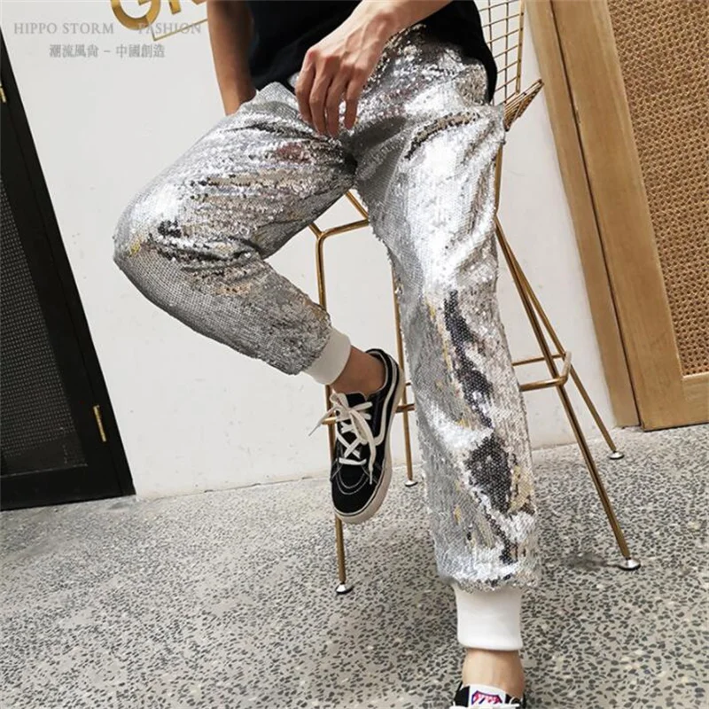 Sequin trousers men's pants sweatpants threaded pennies stretch sweatpants nightclub bar trendy fashion catwalk Fan singer stage