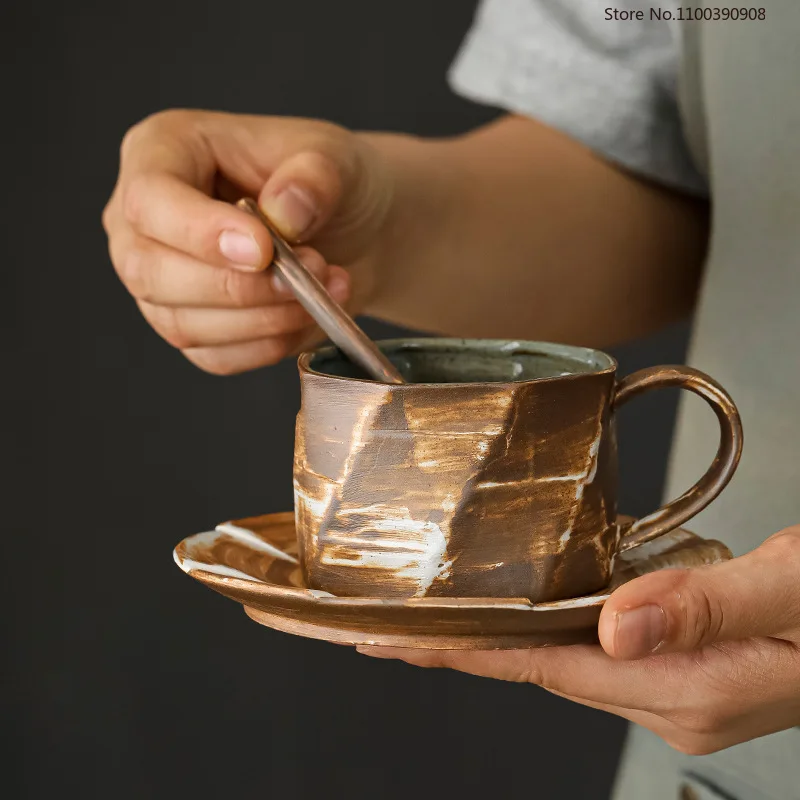 

Stoneware Coffee Cups Ceramic Coffee Cup with Saucer Set Handmade Smoothie Mugs Breakfast Mug with Lid and Spoon 201-300ml Kahve