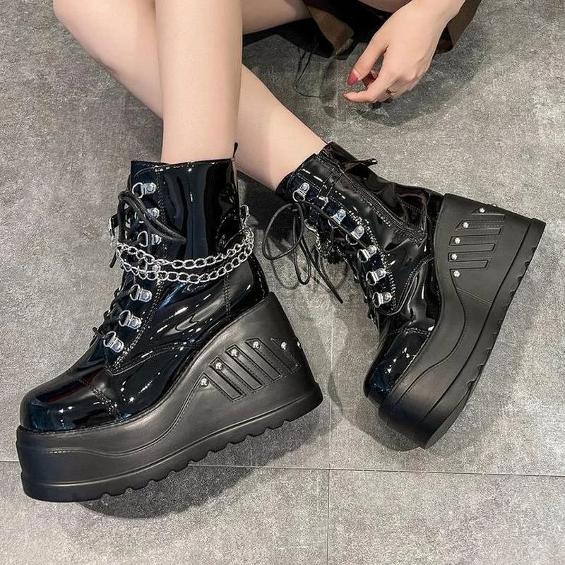 Женские туфли на танкетке черные кроссовки в готическом стиле платформе и