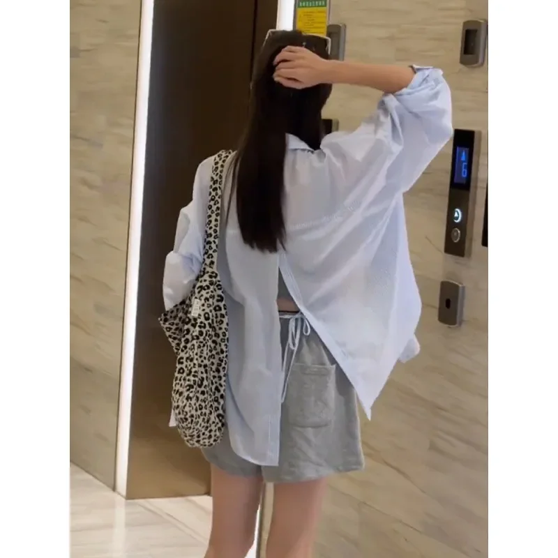 Корейская полосатая рубашка с длинным рукавом и защитой от солнца женская летняя