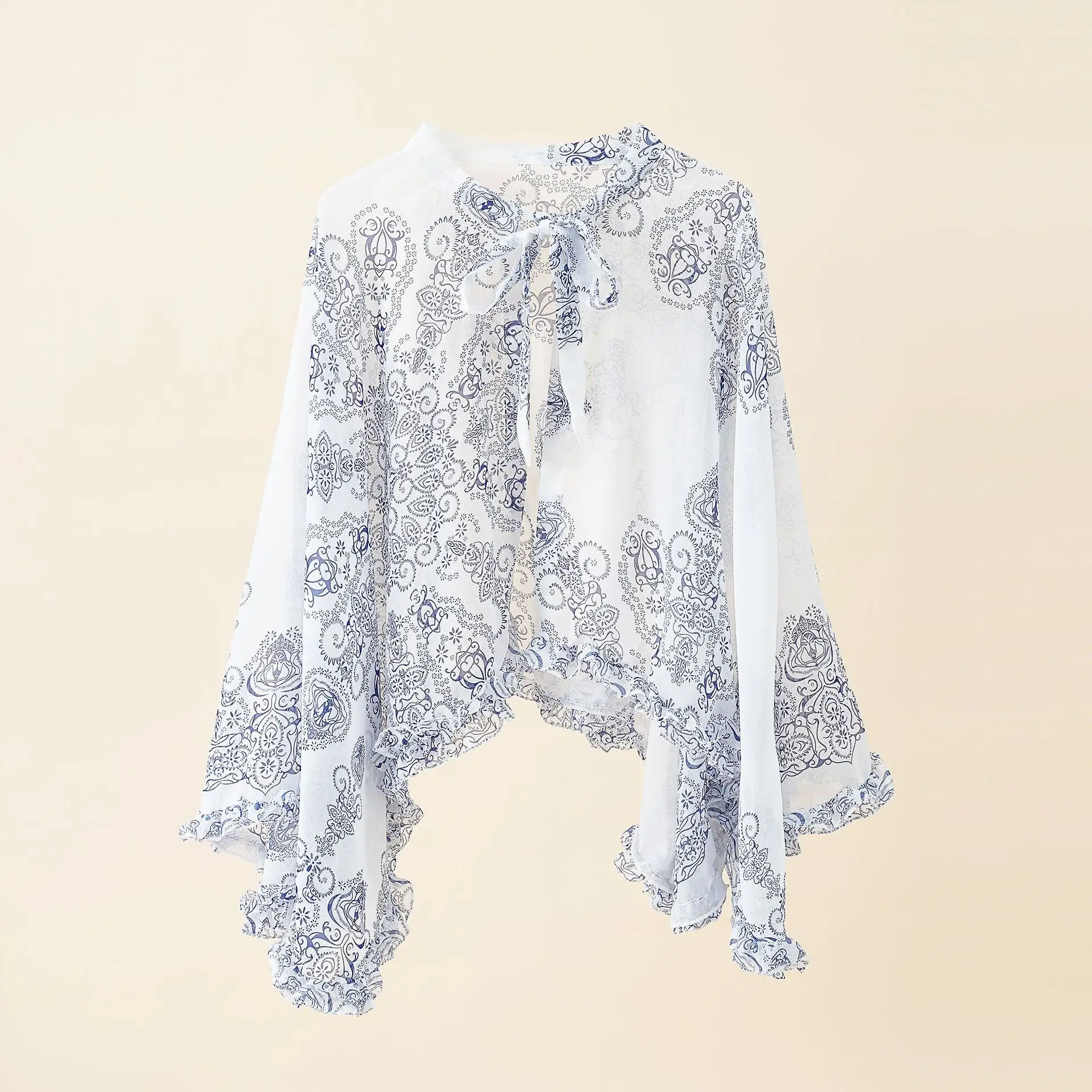 2022 Spring Summer New Flower Print Lace Up Shawl Ruffle Edge Pullover Women Cloak Sunscreen Lady Poncho Capes White