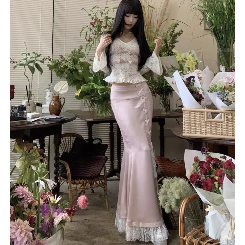 Женский кружевной комплект Y2K из двух предметов топ с V-образным вырезом и