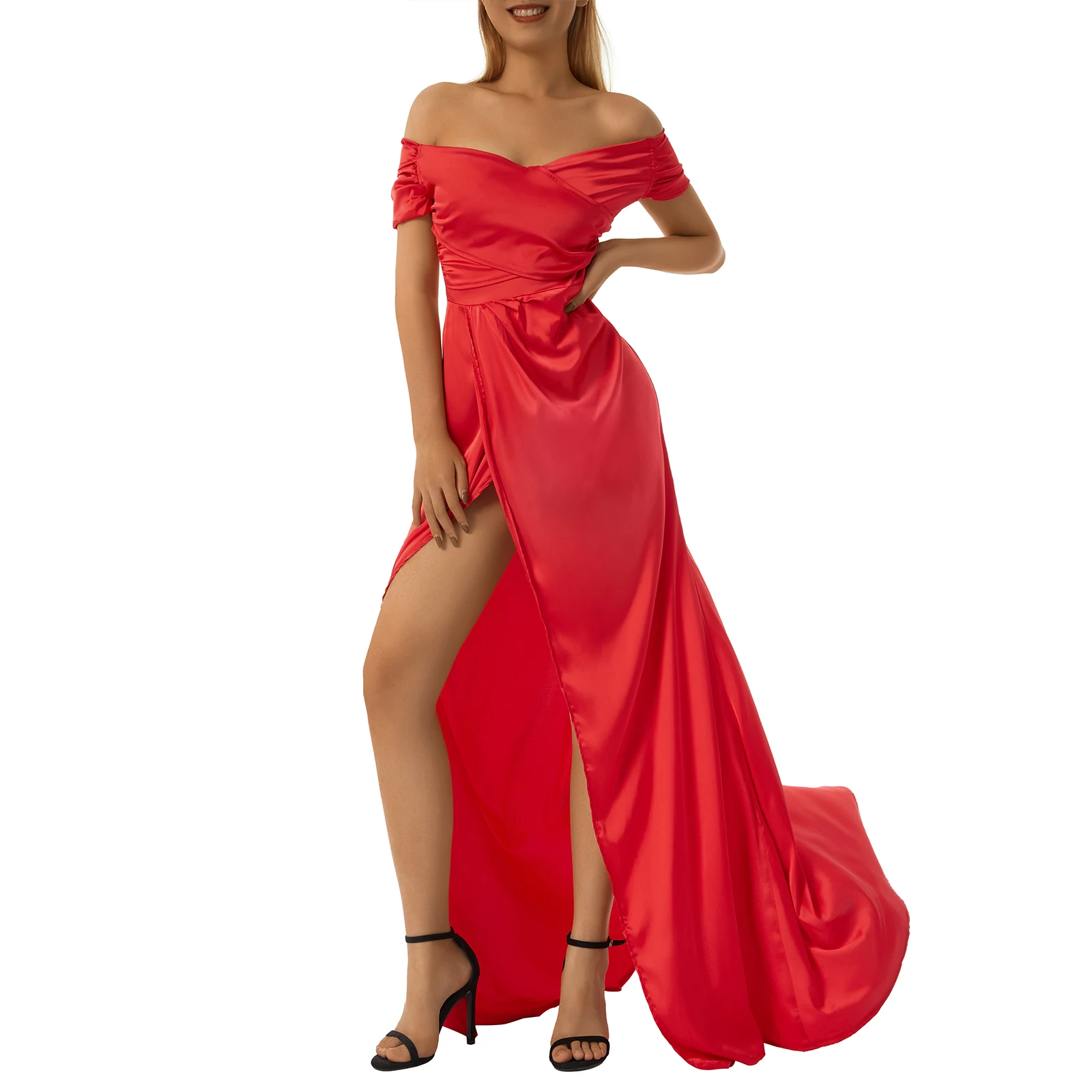 Женское официальное платье с высоким разрезом красное однотонное длинное