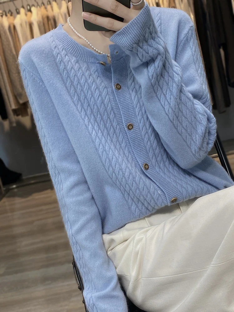 2023 Autumn And Winter New Round Neck Twist Flower 100% Pure Wool Sweater Cardigan Women's Loose And Thin All-Match