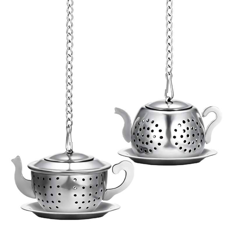 

Tea Strainer Teapot Shape Loose Tea Infuser Stainless Steel Leaf Tea Maker Strainer Chain Drip Tray Spice Filter Accessories