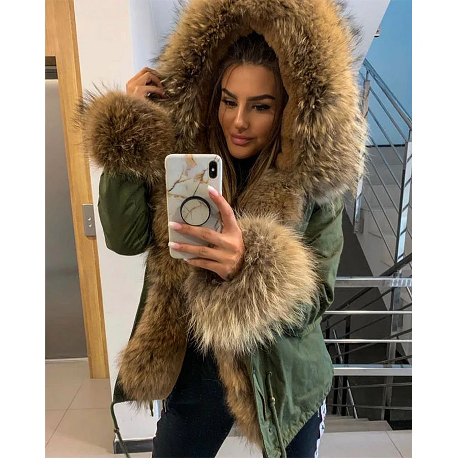 

Winter Clothes Women Natural fur coat Real Raccoon Fur Collar Parkas Faux Fur Lining Short Jacket add Placket cuf fur