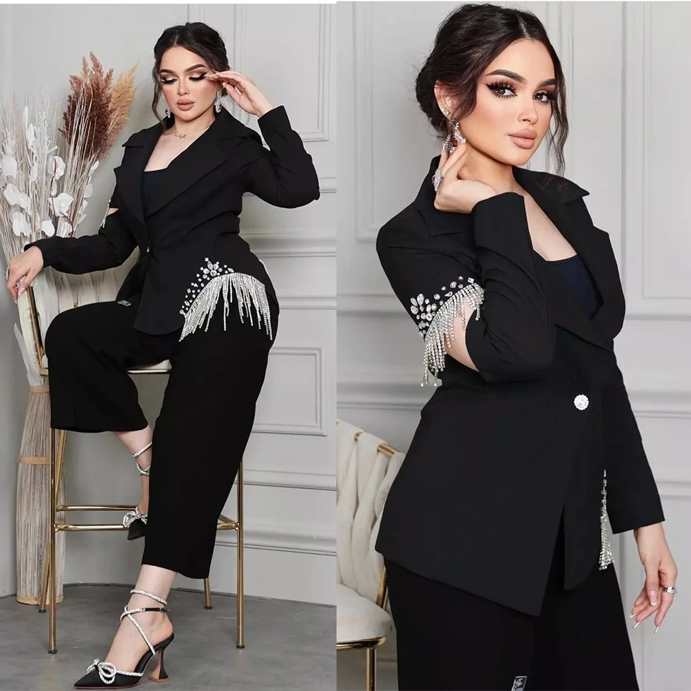 

Black Beading Red Carpet Fashion Women Pants Suits 2 Pieces Plus Size Prom Evening Party Wear Celebrity Dressing