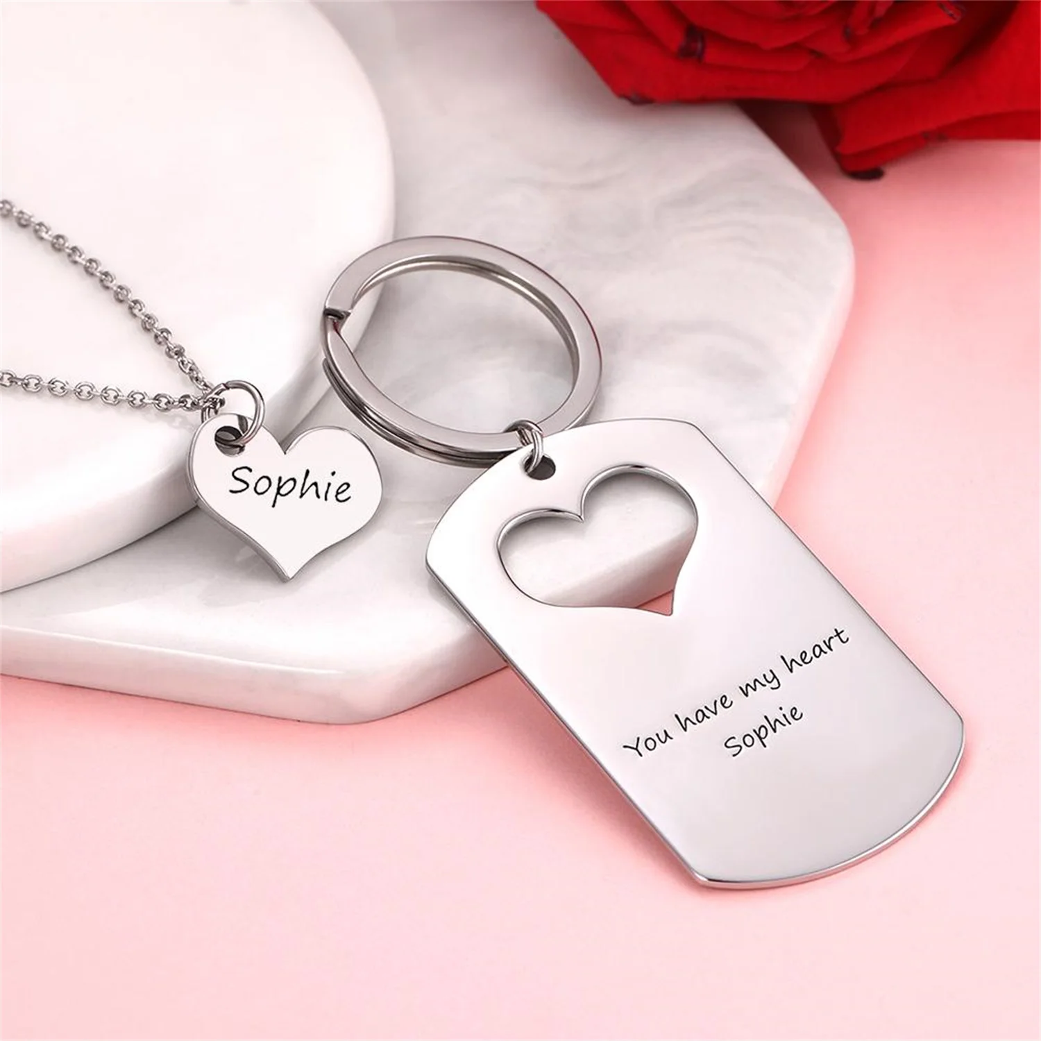 

Custom Engraved Mother and Daughter Keychain & Necklace Set Customized Name Father Daughter Set Mother Kids Jewelry Gift Dog Tag