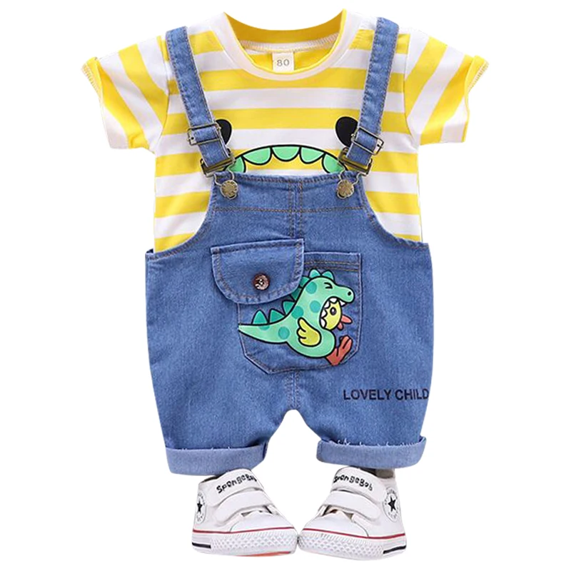 

New children's set 2022 summer new boys and girls baby casual sports stripe Short Sleeve T-Shirt Baby denim suspender pants2Pcs