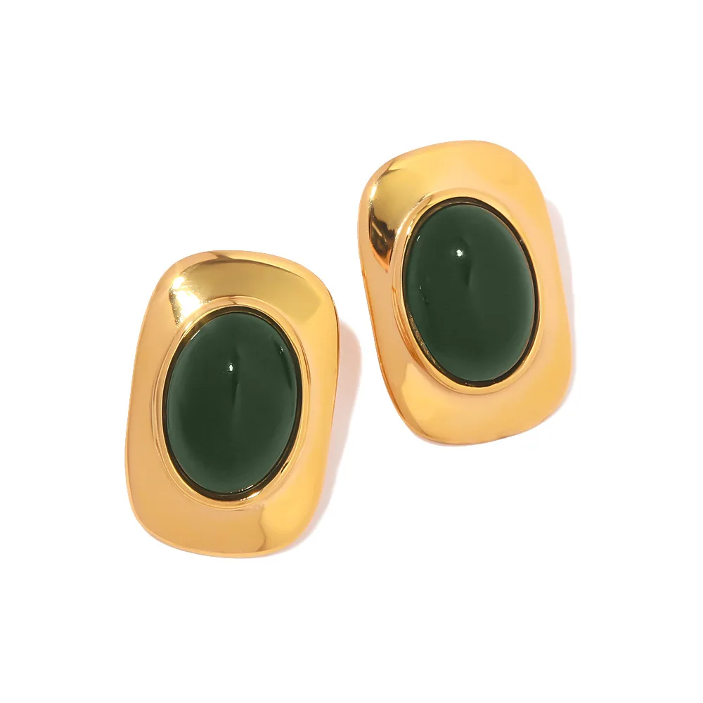 Stainless Steel PVD 18K Gold Plated Tarnish Waterproof Big Green Stone Stud Earrings For Woman Jewelry Wholesale Trendy