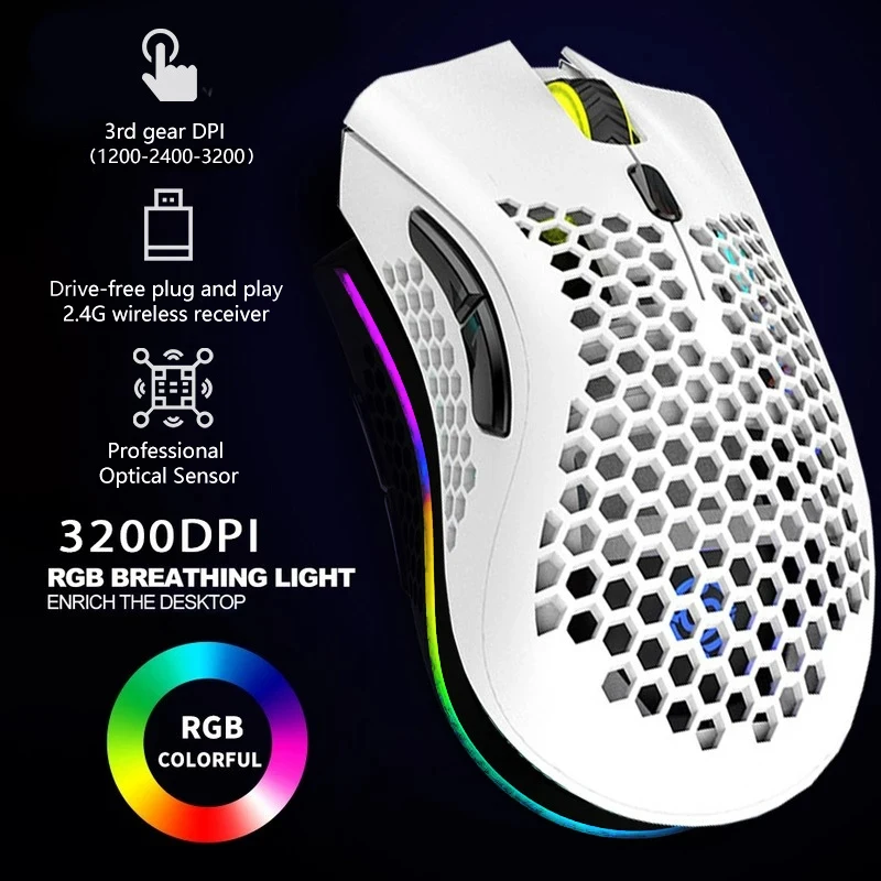 

2.4G Wireless Mouse RGB Light Honeycomb Gaming Mouse Rechargeable USB Desktop PC Computers Aouse Laptop Mice Gamer 2022 Cute