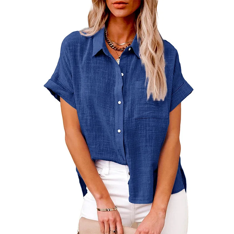 

Blouse Summer Solid Casual Pocket Short Sleeve Shirt Top 2023 Women's Loose White Camisas Mujer Blusas Franja Work Wear Bluzlar