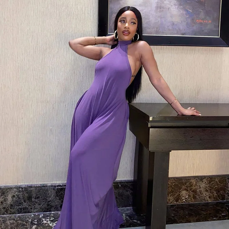 

Halter Loose Jumpsuit Women Summer Fall Backless High Waist Wide-leg Culottes Girls Female Casual Solid One Piece Overall