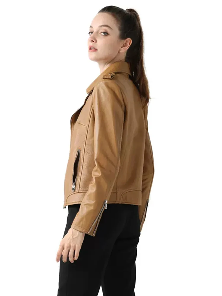 New Women Genuine Leather Jacket Spring Autumn Fashion Casual Suit Collar Coral Texture Sheepskin Short Coat Slim Outerwear