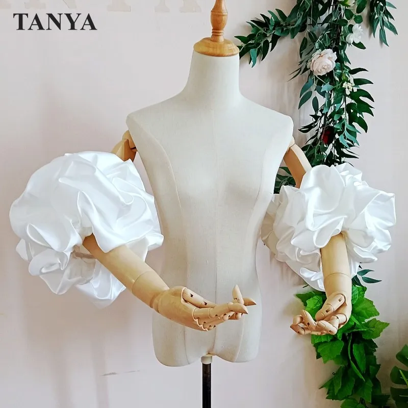 

Puff Satin Short Detachable Sleeves For Wedding Romantic Removeable Lovely Ruffles Wedding Chic Party Gloves Bridal Accessories
