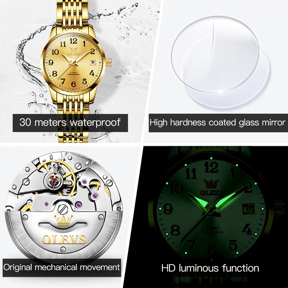 OLEVS Brand Original Genuine Watch Fashion Womens Automatic Mechanical Watch Stainless Steel Strap Week Date Simple Wristwatch enlarge