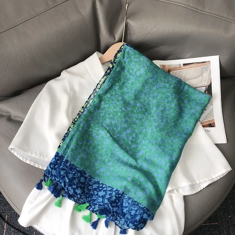 

Green-Blue Foreign Trade Export French Cotton and Linen Feel Scarf Socialite Style Four-Section Cashew Soft Tassel Scarf Shawl
