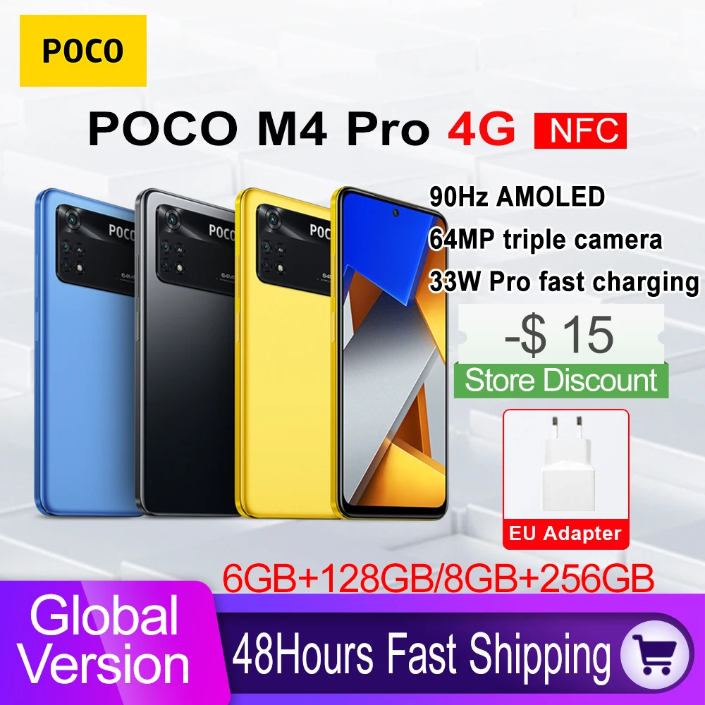 Global Version POCO M4 Pro 4G Smartphone 128GB/256GB Helio G96 Octa Core 90Hz AMOLED 33W Pro Fast Charging 64MP Camera NFC