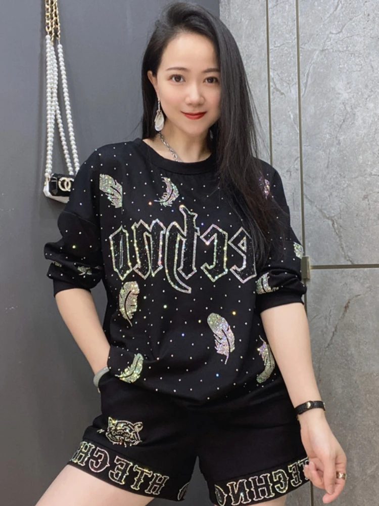 Heavy Industry Cartoon Rhinestone Womens Shorts 2023 Summer Women's Clothing New Elastic Waist Casual Wide-Leg Shorts Female