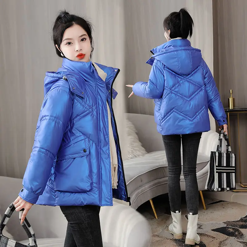 Winter Short Fashion Parkas Women 2023 New Loose Jacket Hooded Parka Warm Glossy Cotton Padded Casual Outwear Female C26