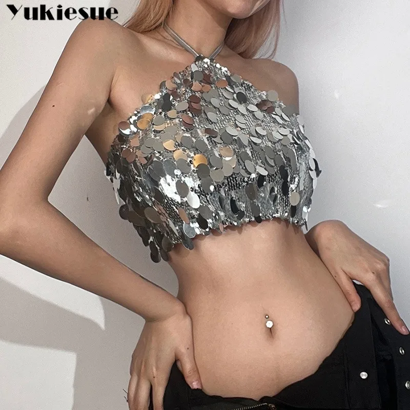 

Woman Crop Tops 2023 Summer Korean Edition Sequin Matte Trendy Design Sexy Short High Street Personality Women's Lace-Up Vest