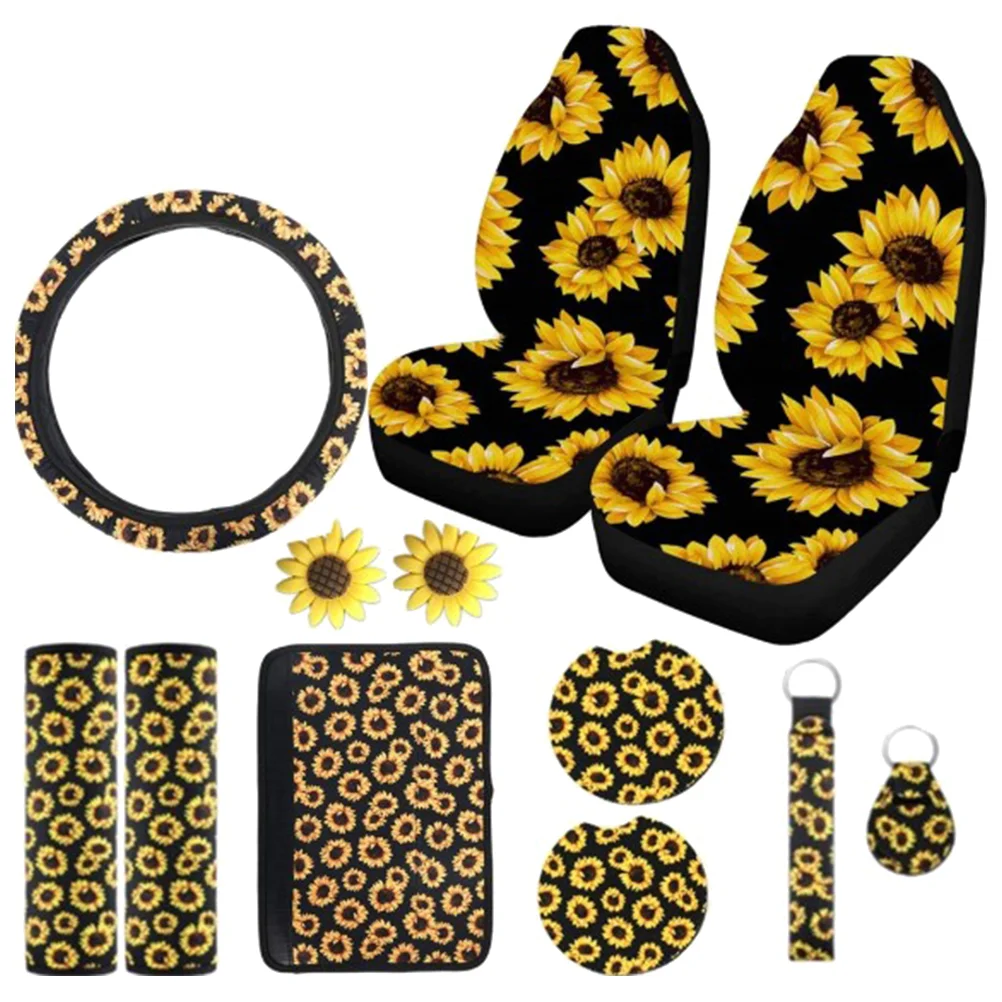 

12Pcs Car Seat Cover Set Universal Sunflower Printed Auto Steering Wheel Armrest Cover Set Car Inner Protector Mat Car Interior
