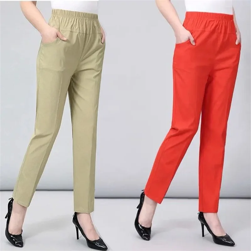 

8 Colors Middle-aged Women Summer Pants New Solid Elastic High Waist Cotton Casual Pants Female Thin Mother Straight Pants 5XL