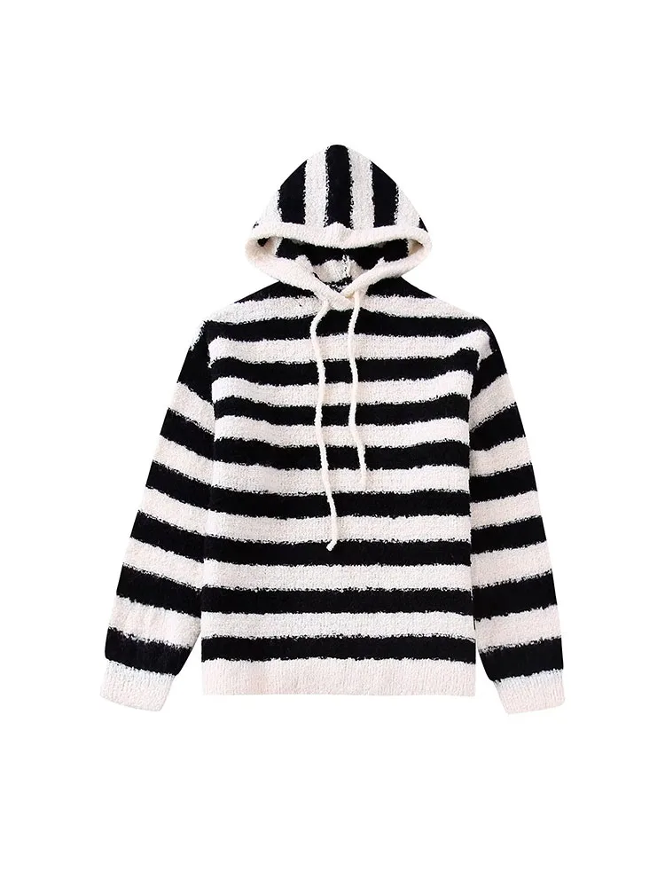 

2022 autumn and winter women's new retro hooded chic casual stripes loose and versatile knit sweater