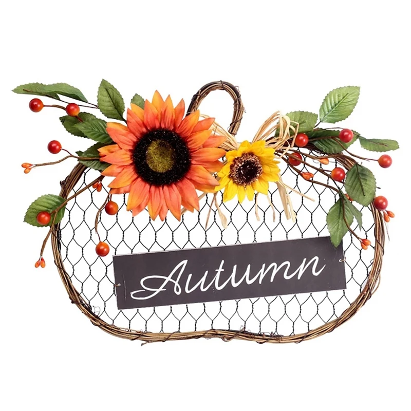 

New LED Autumn Pumpkin Sunflower With Light Wooden Sign Simulation Garland Pendant Harvest Day Halloween Home Door Hanging