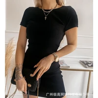 womens dress summer fashion solid color slim high waist dress womens sexy short sleeve round neck backless lace up dress