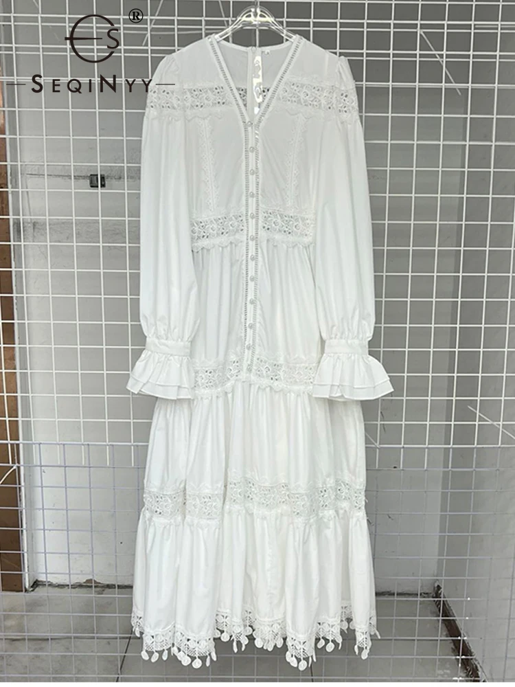 SEQINYY Elegant Midi Dress Summer Spring New Fashion Design Women RUnway Lace Hollow Out Tassel Lantern Sleeve A-Line Casual
