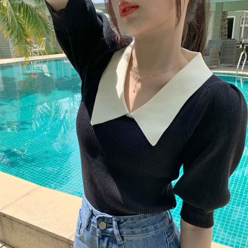 Шикарный хитовый цвет вязаный пуловер с воротником Питер Пэн летние пышные