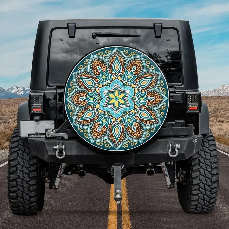 

Unique Spare Tire Covers, Boho Mandala Turquoise Spare Tire Cover With Or Without Backup Camera Hole, Spare Tire Cover CRV, Jeep