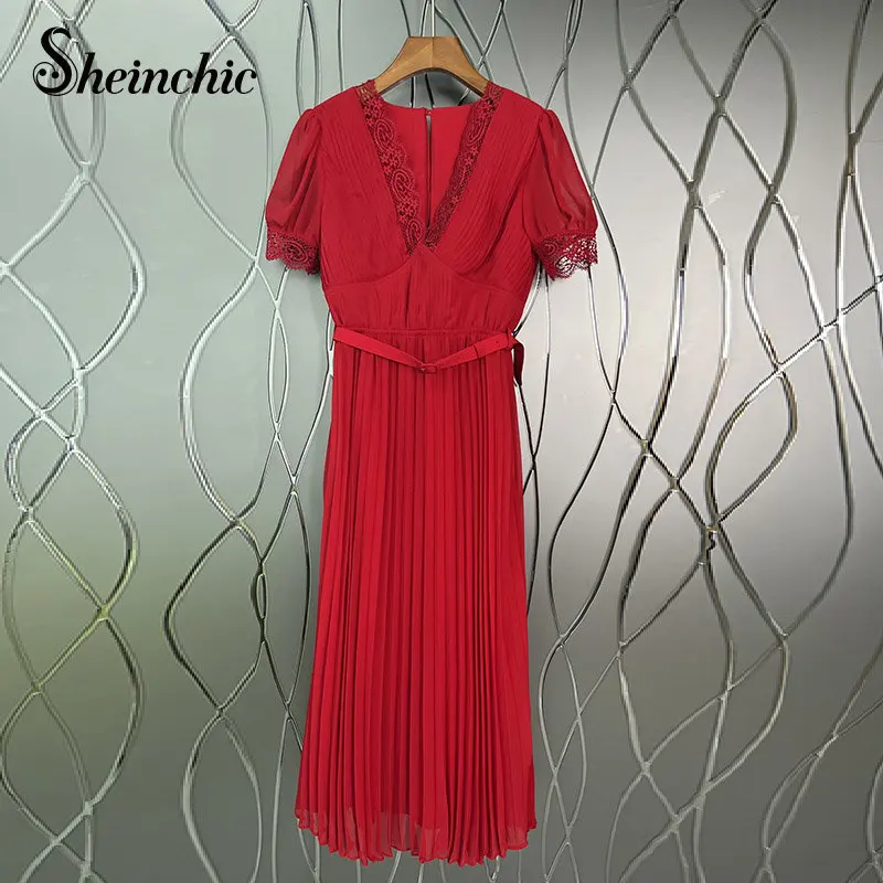 Designer V-neck Lace Patchwork Pleated Long Dress 2023 Vintage Elegant Draped Chiffon Maxi Dress Summer Clothes for Women