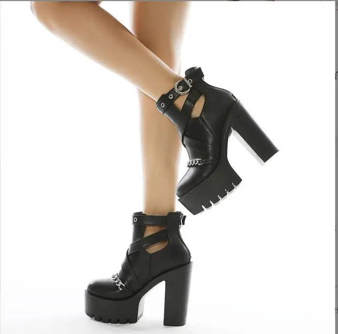 New Sexy Fashion Motorcycle Boots Women Leather Spring Autumn Metal Buckle High Heels Shoes Winter Black Ankle Boots Woman Shoes