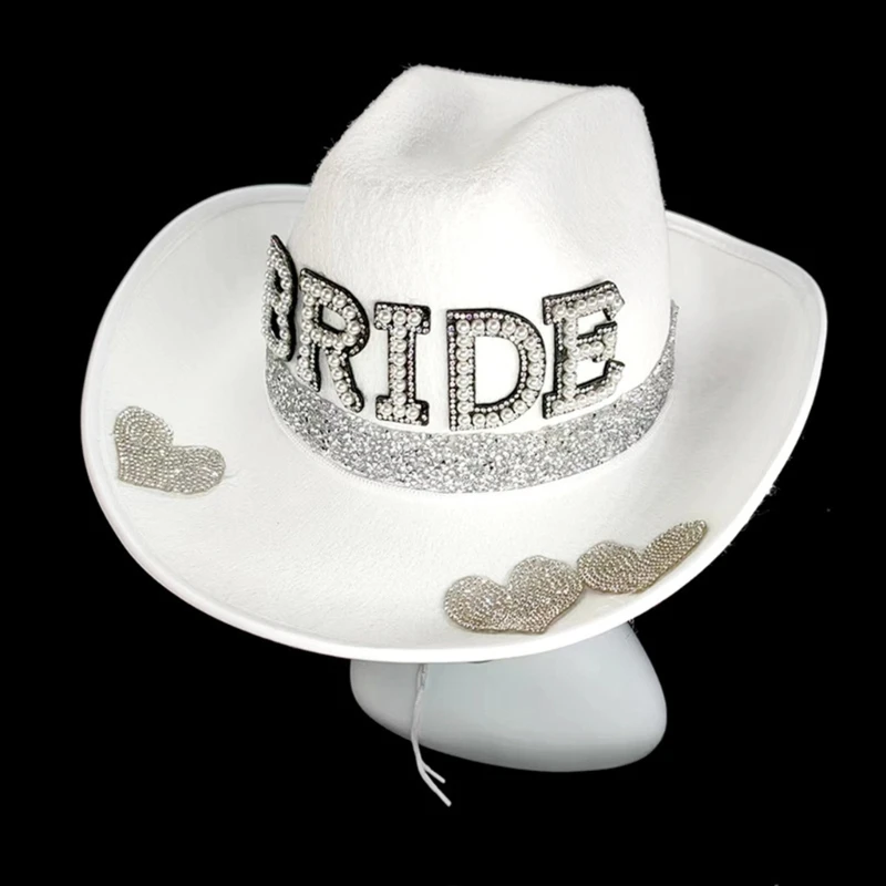

New style Pearl BRIDE Letter Cowboy Hat with Wide Brim Bridal Western Fedoras Hat for Outdoor Photoshoots Supplies
