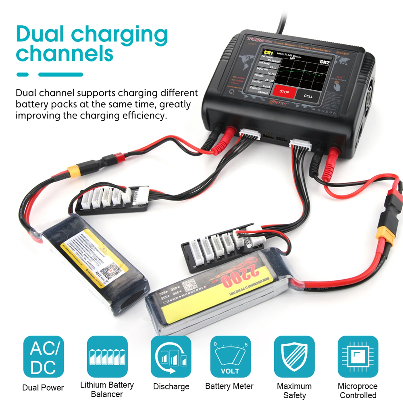 

HTRC T400 Pro Lipo Battery Charger Discharger for LiHV LiFe Li-lon NiCd High Precision 3.2 inch LCD Touch Screen Digital Balance