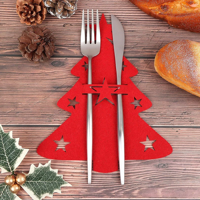 

4Pcs/set Christmas Knife And Fork Set Christmas Tree Elk Knife Bag Gray Star Non-woven Knife Item Kitchen And Home Items